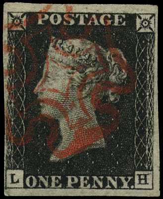1840 1d black, Plate 4, (LH), four clear to...
