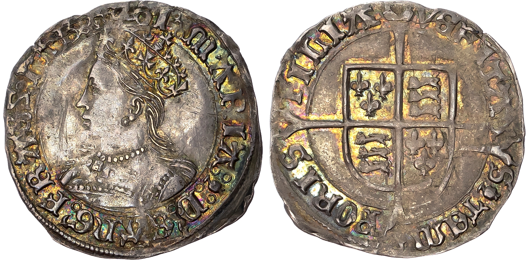 Mary (1553-1554) Groat, mintmark pomegranate. Crowned bust left. Rev, coat-of-arms over long cross fourchée, 2.00gm (S. …