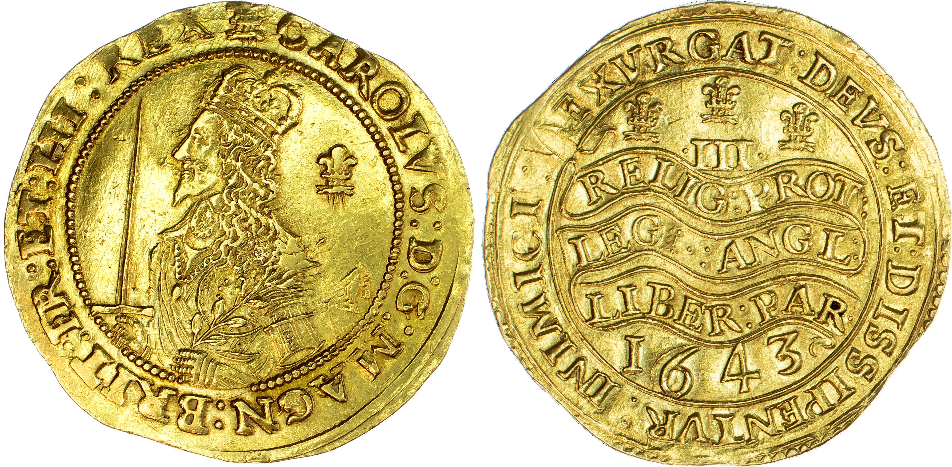 Charles I (1625-1649), Oxford mint, Triple Unite, 1643, mm. plume with bands on obv. only, bust left holding sword and olive