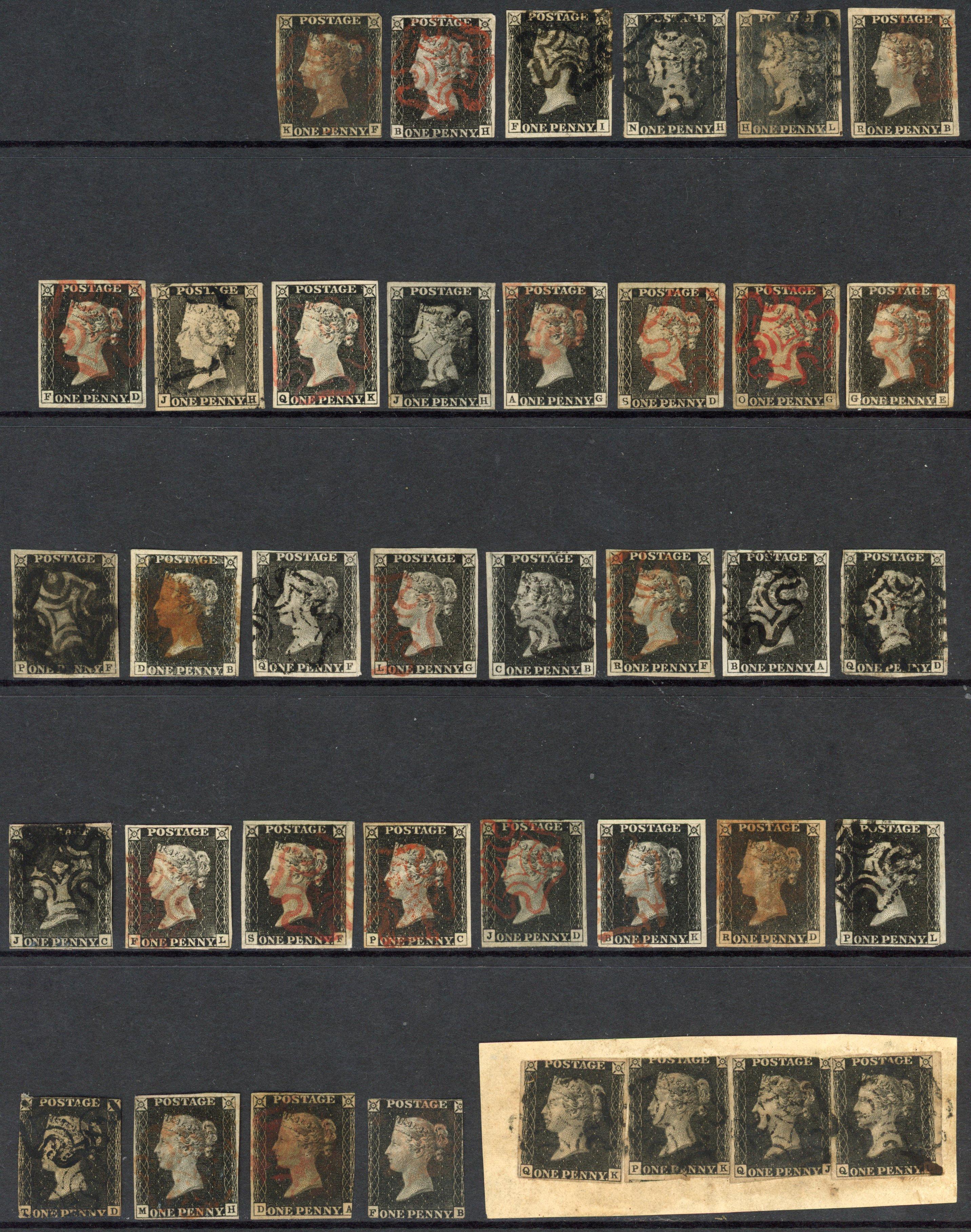 1840 1d black, fifty unplated stamps with four used on one small piece, arranged on stockcards