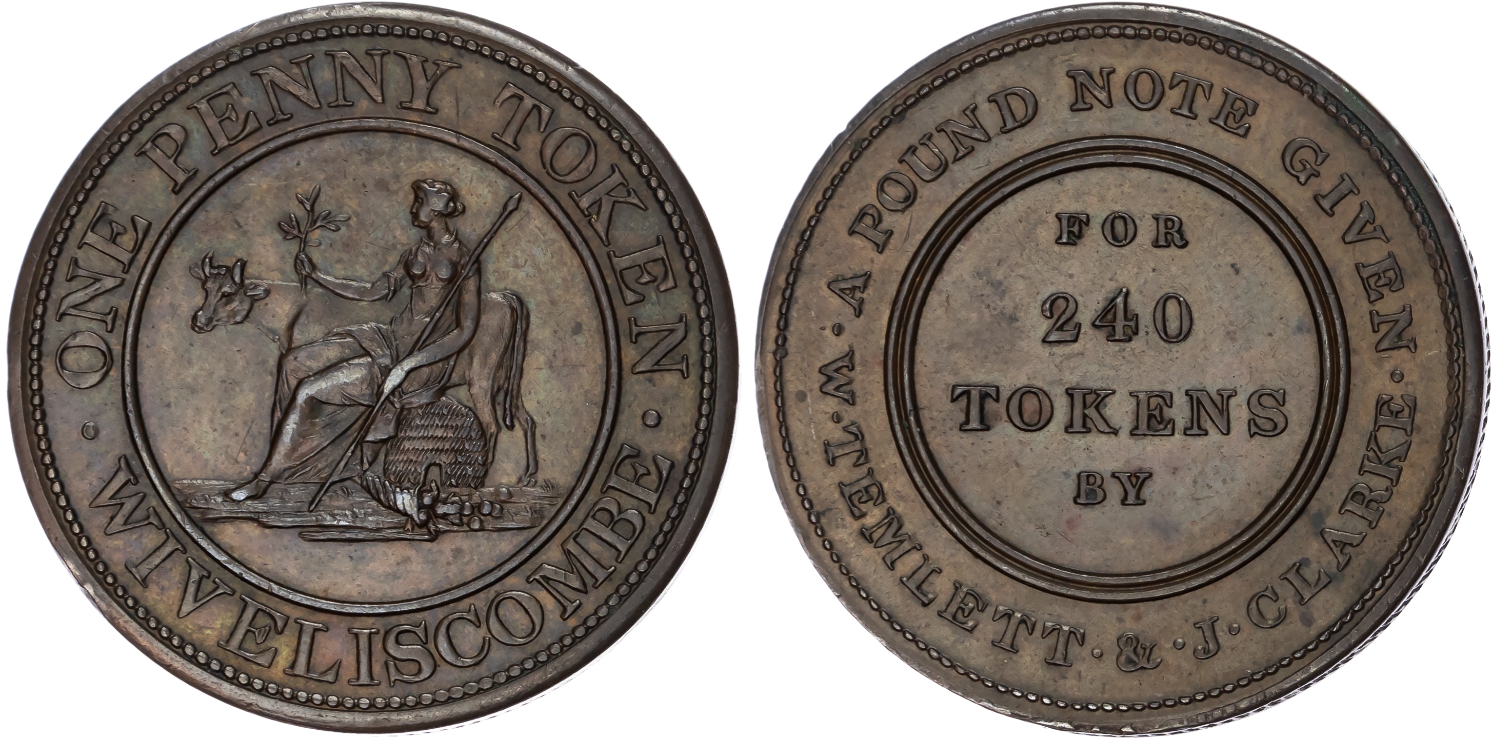 WIVELISCOMBE , Som. W Temlett & J Clarke (unknown occupation) Penny undated, Britannia seated left in front of…