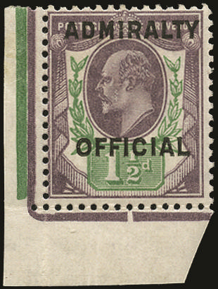 Great Britain 1904 1½d Dull purple & green (Admiralty Official, type O11). Very fine and fresh unused o.g. bottom …
