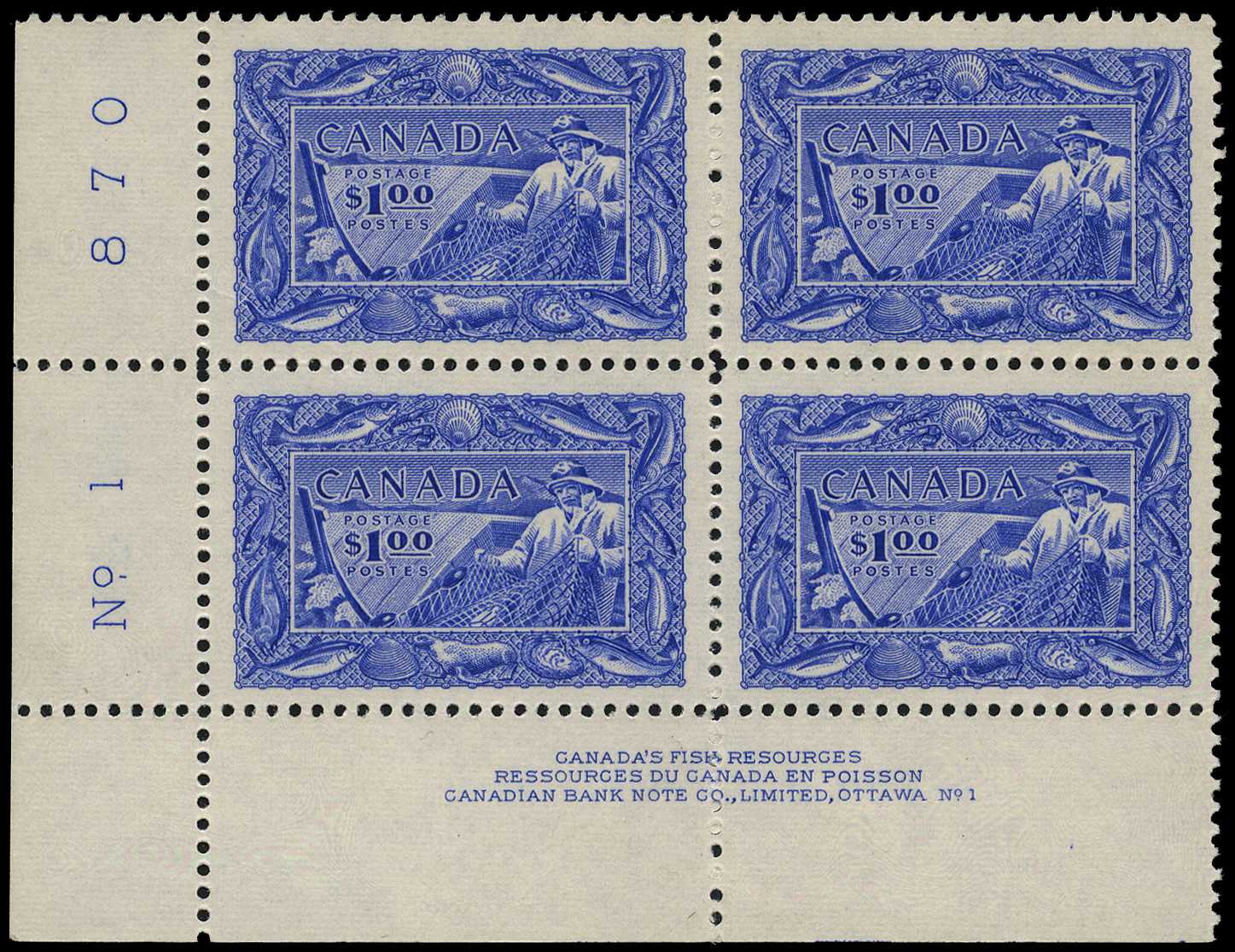 1951 $1 Fisherman lower left corner block of...