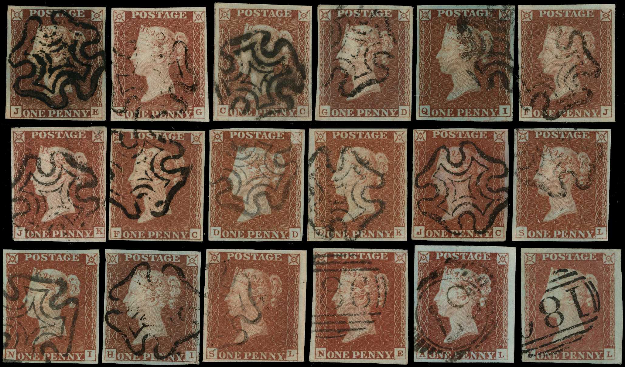 1841-51 1d red-brown collection arranged in...