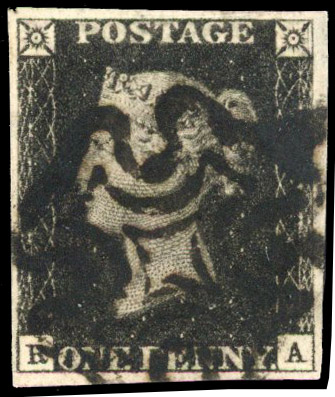 1840 1d black, Plate 8 (RA), good to large margins, cancelled black Maltese Cross. SG 2