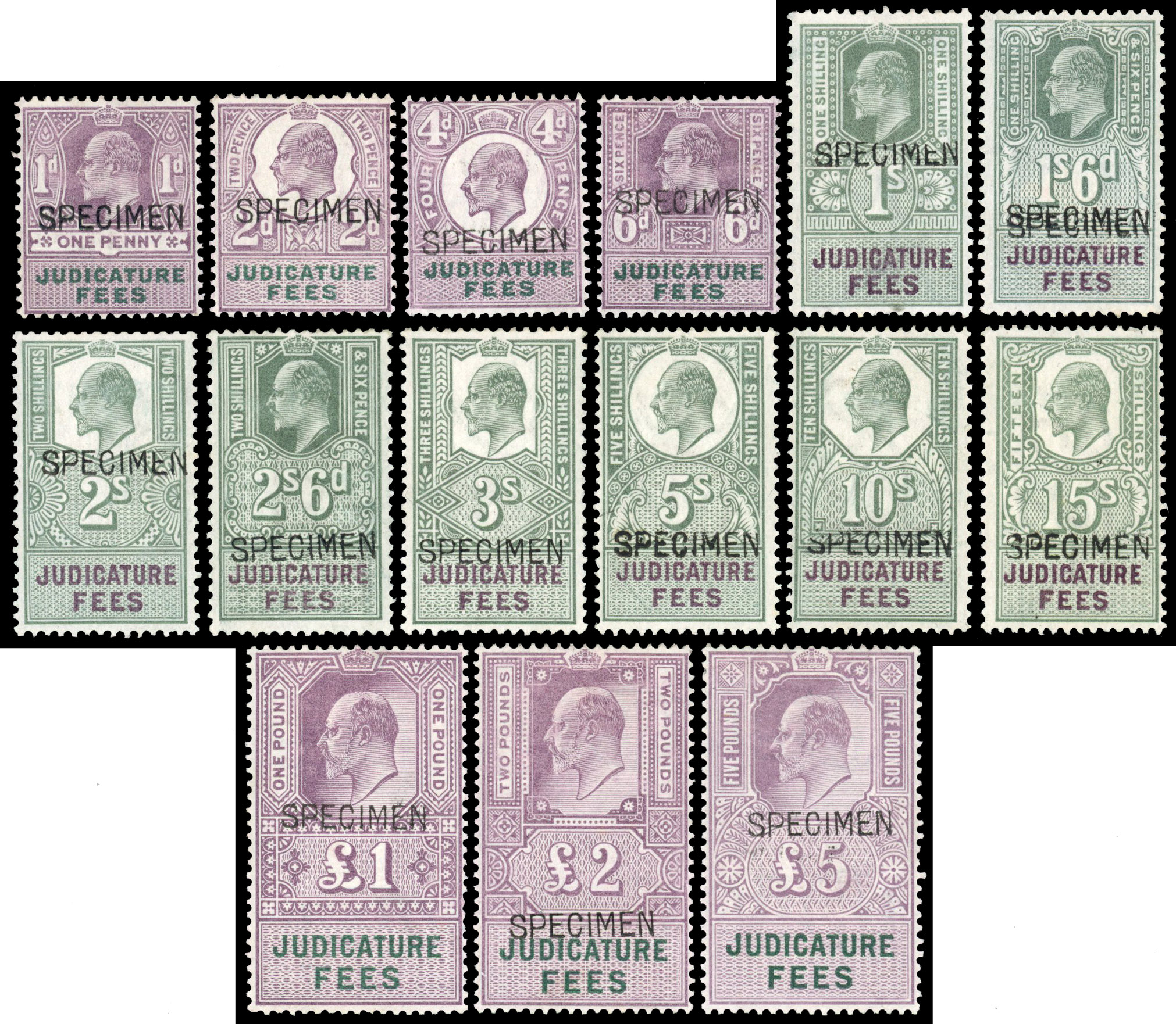 GB Great Britain Judicature Fees KEVII revenue 1d to £5 complete Specimen set