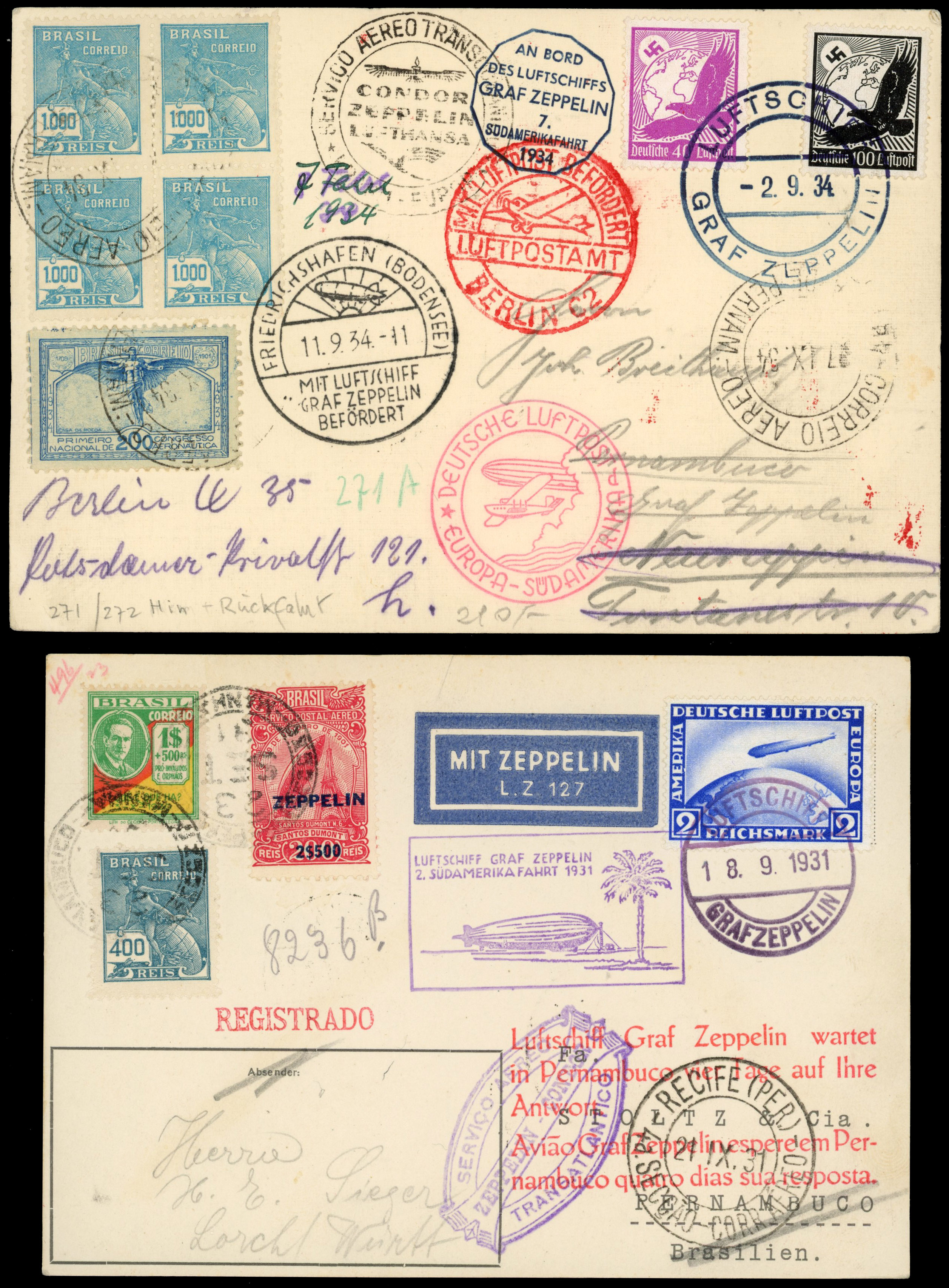 Brazil Airmails Zeppelin three 1932-34 combination covers with Germany