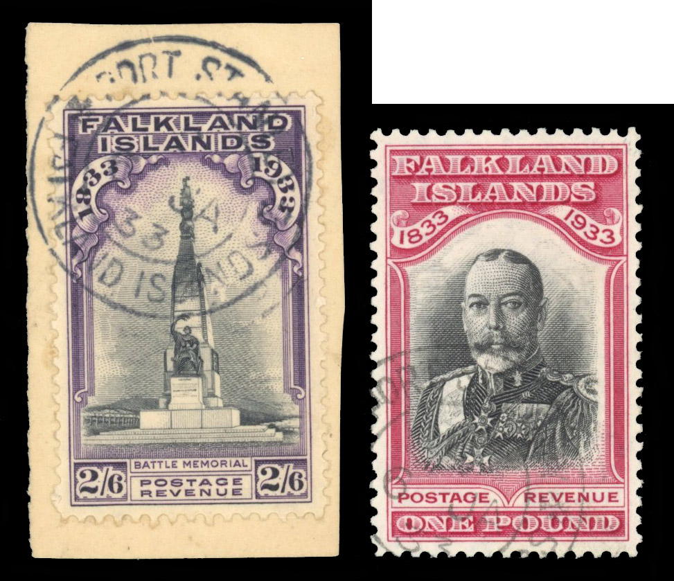 SG 135, 138 1933 Centenary 2/6d and £1 Madame Joseph forged cancels