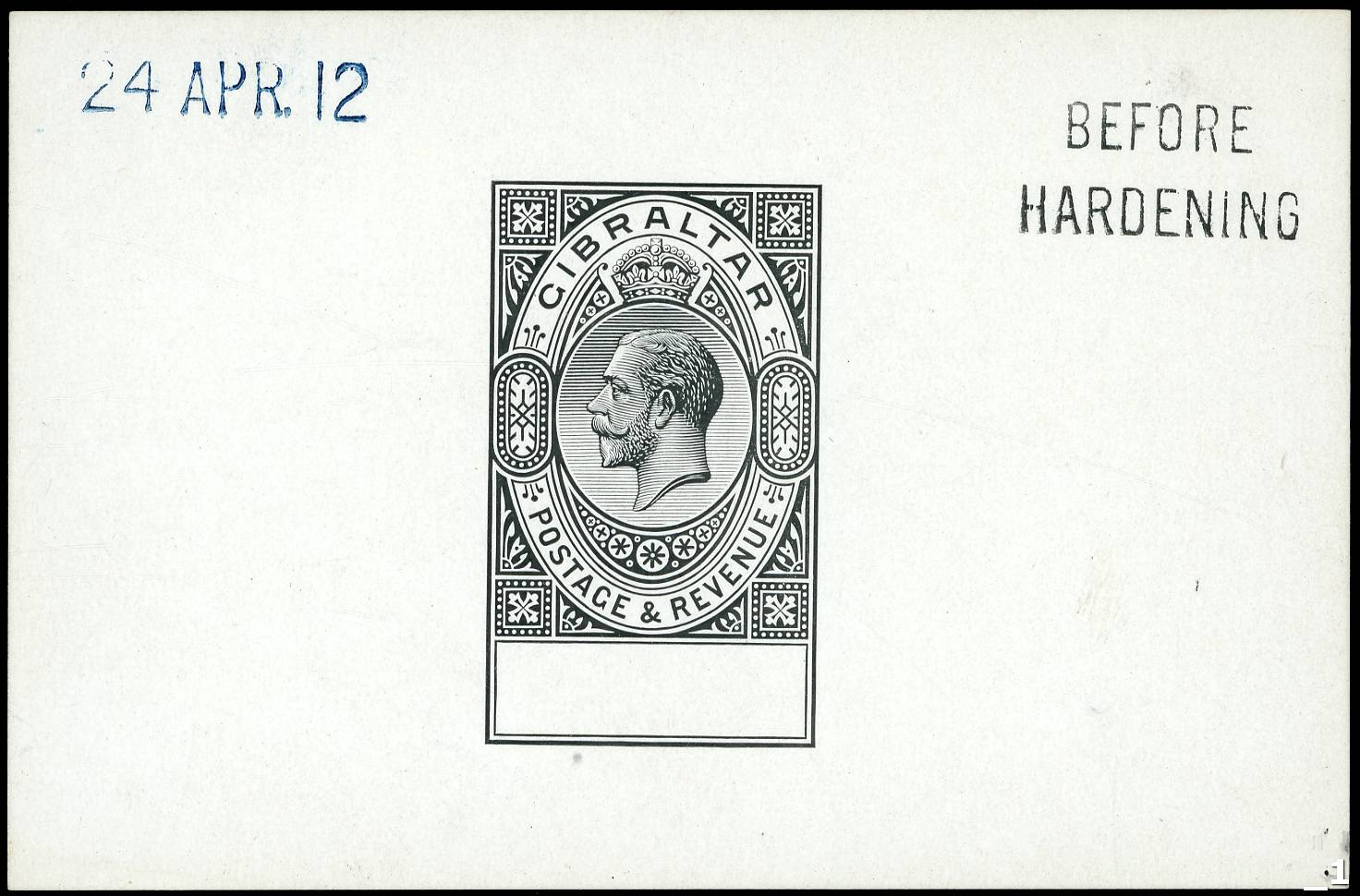 GIBRALTAR: 1912 undenominated die proof for the KGV keyplate, in black on glazed card (92x60mm) with “24 APR. 12” upper left