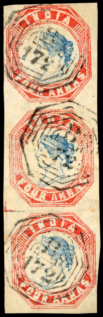 Straits Settlements SG Z67 1854 India 4a blue and red strip of 3 used in Singapore