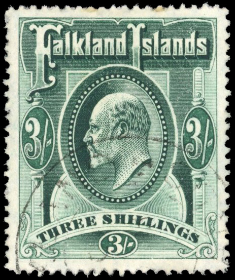 Falkland Islands SG 49bx 1907 3s deep green with watermark reversed used