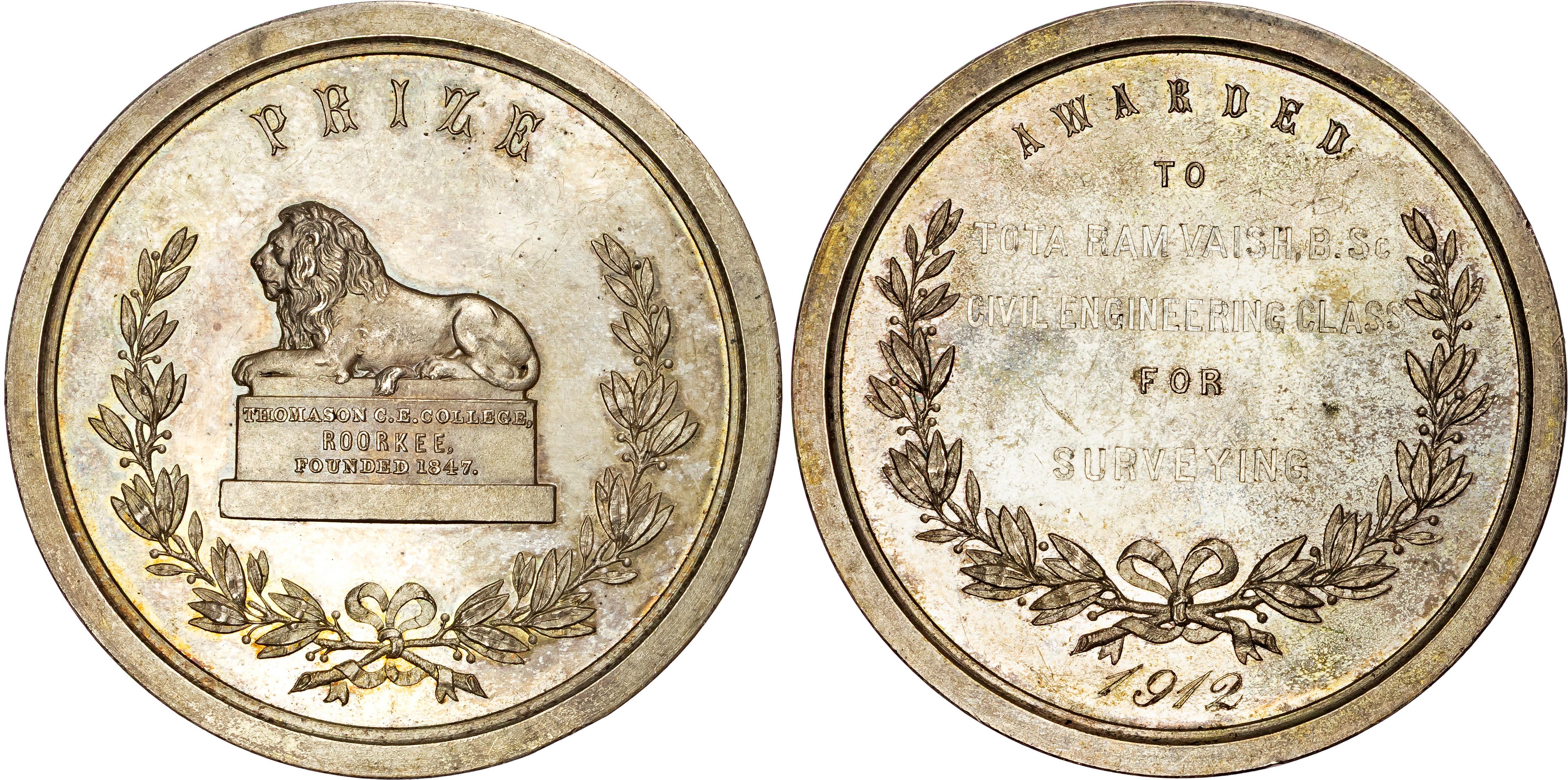 India, Roorkee, Thomason College of Civil Engineering, Silver prize Medal for 1912.