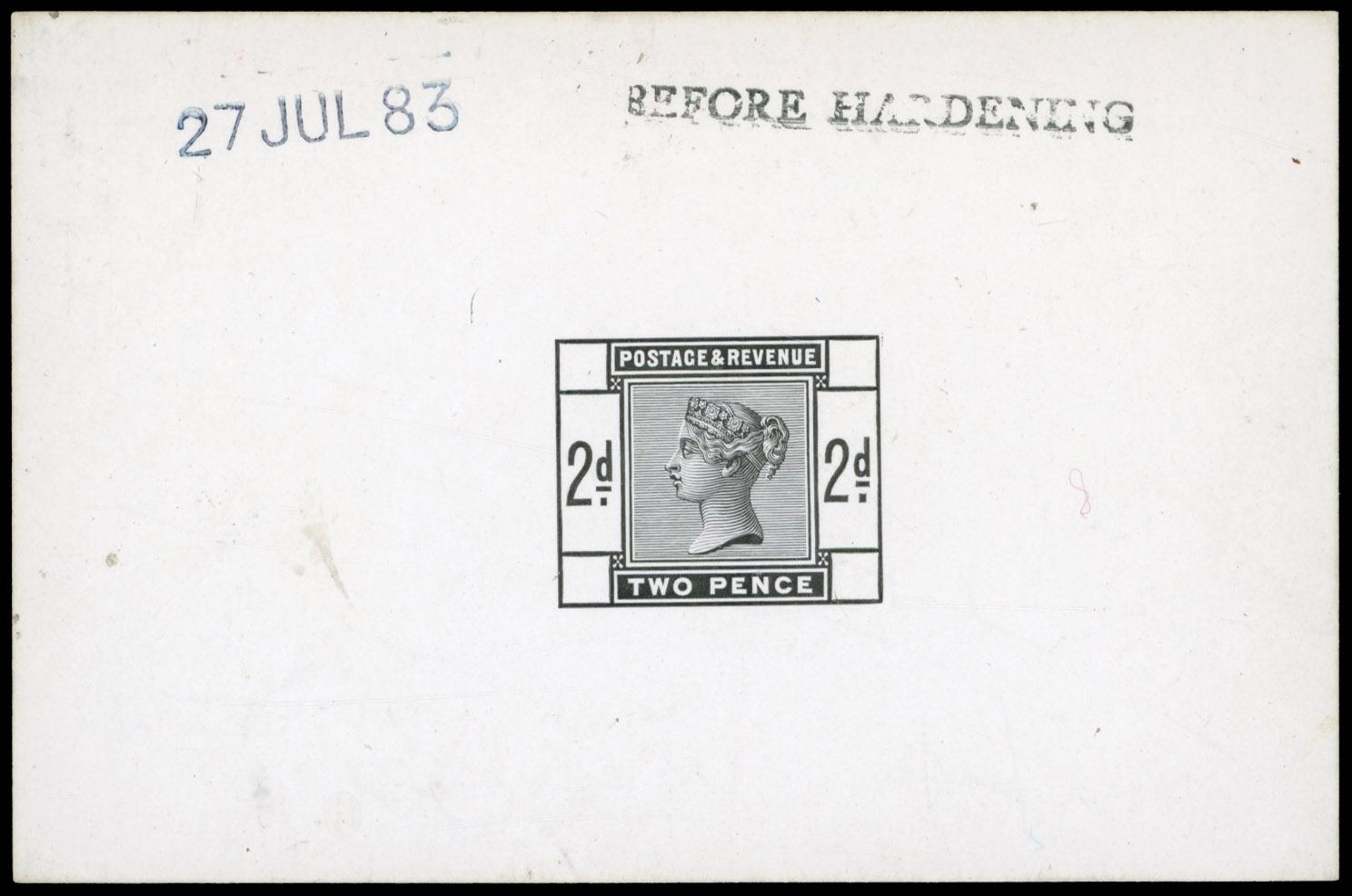 GB 1883-84 2d die proof, printed in black on white glazed card, For SG 189