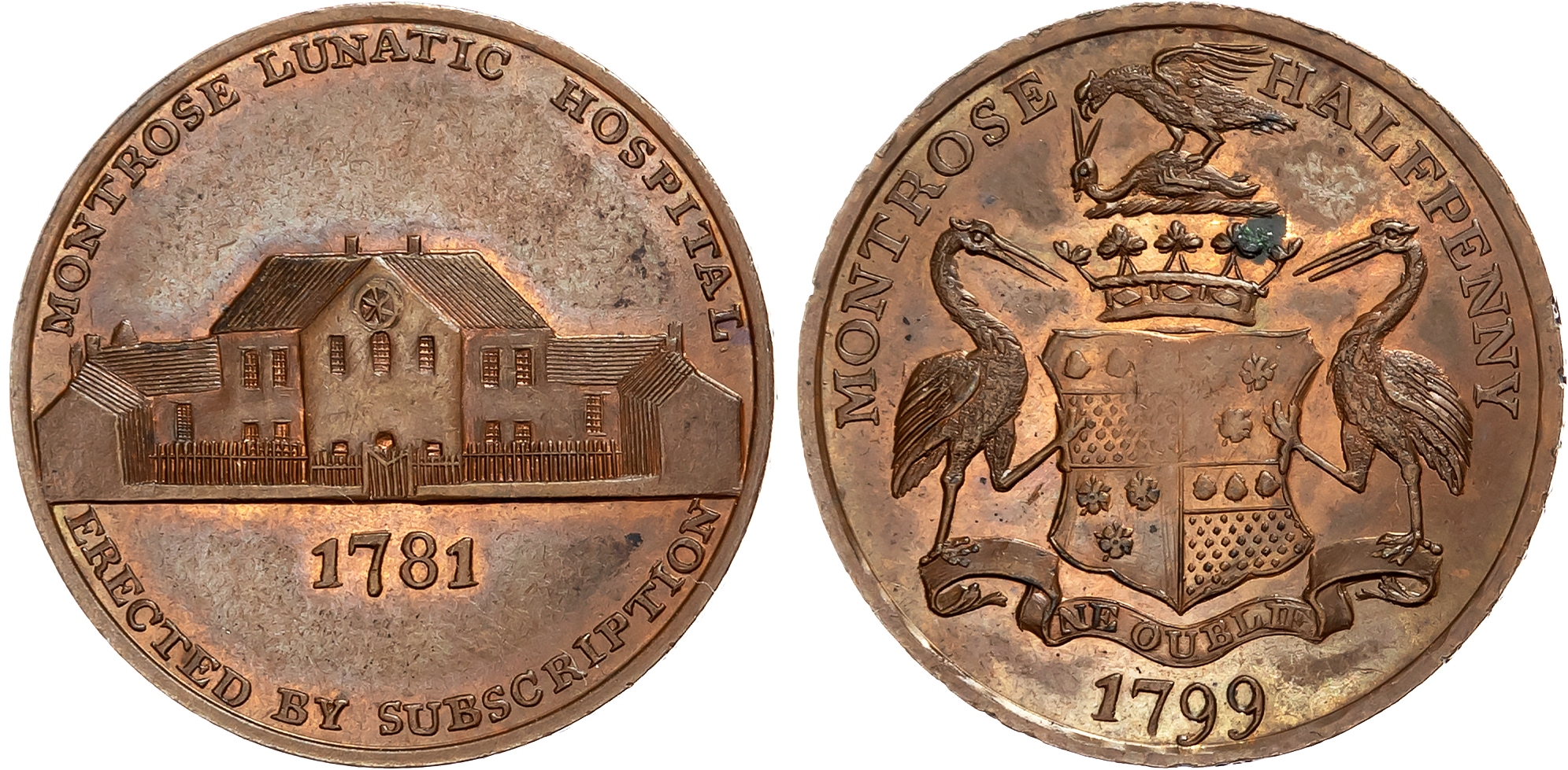 Angus.  Montrose, Andrew Nichol (tobacconist) Halfpenny, 1799, Arms of the Duke of Montrose, rev . front view of the lun …