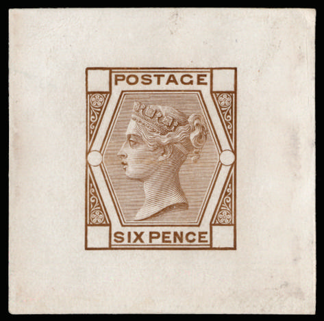 Great Britain 1873 6d Die proof. Very fine example printed in burnt umber on white glazed card (37 x 37mm). Very r…