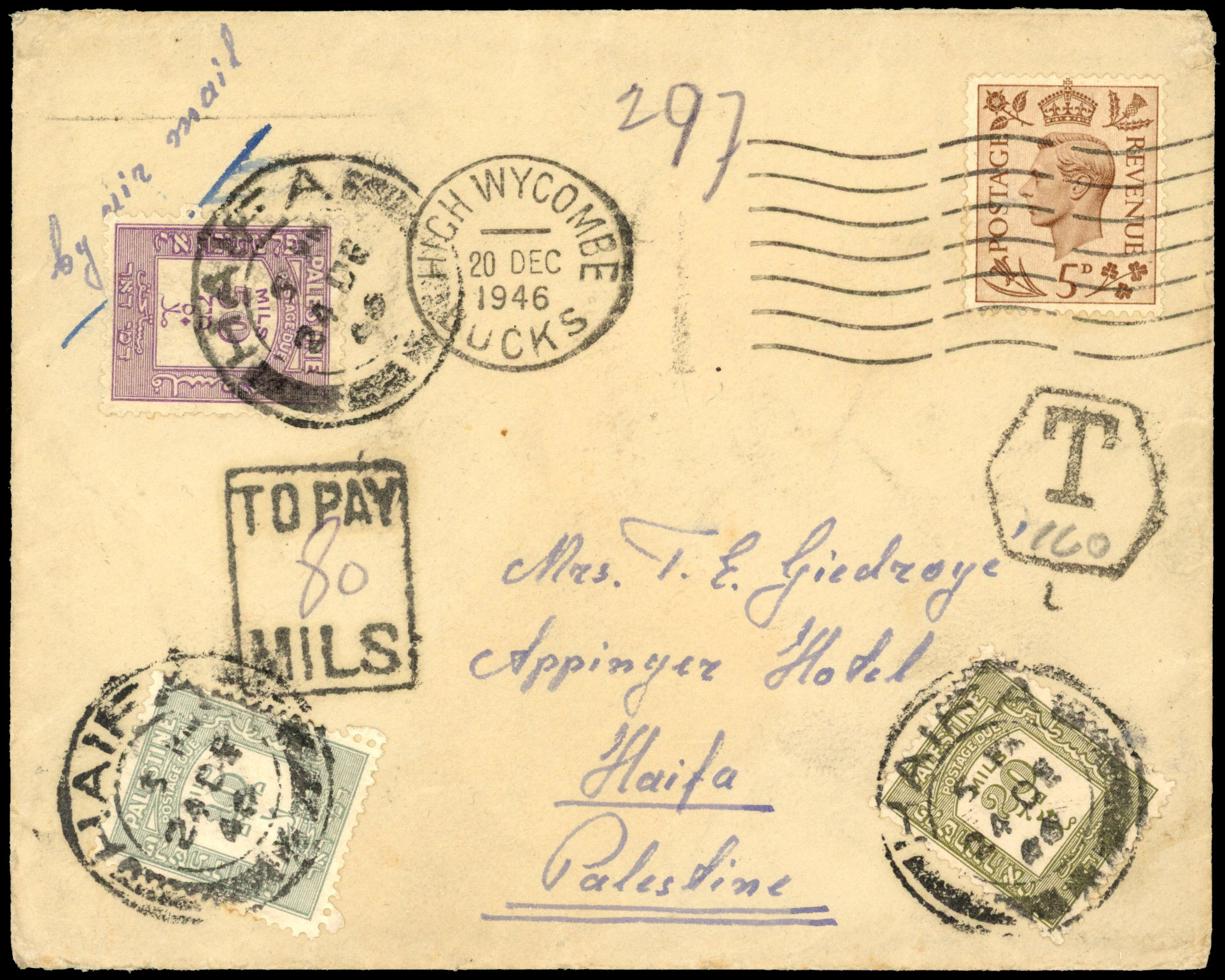 INCOMING: 1946 (20 Dec) envelope addressed to Haifa franked with Great Britain 1937-47 5d brown cancelled