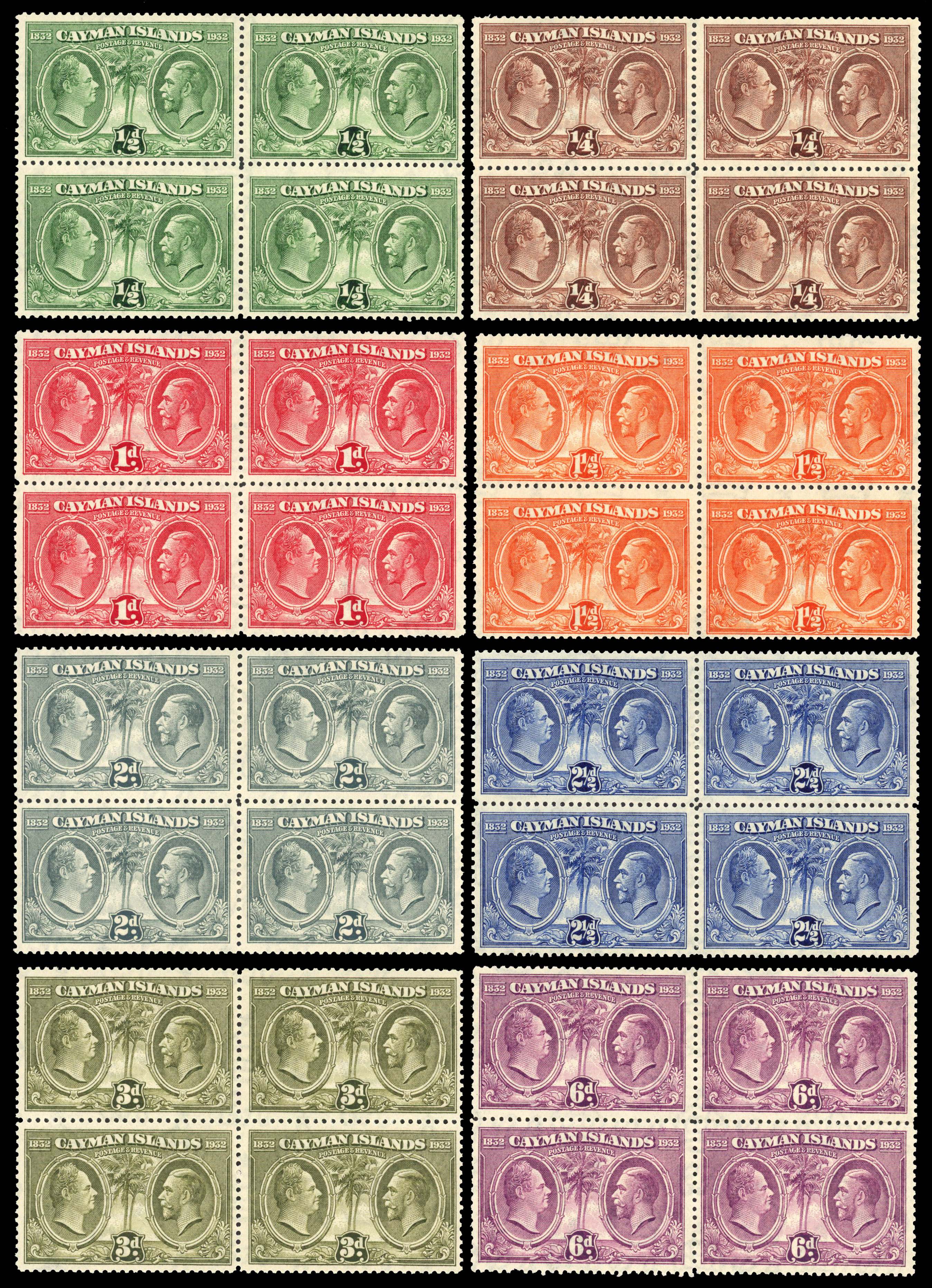 Cayman Islands 1932 Centenary set in blocks of 4