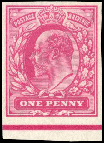 GB: 1906 1d lower marginal imperforate colour trial in cerise from a special plate of twenty electros, mint unmounted og