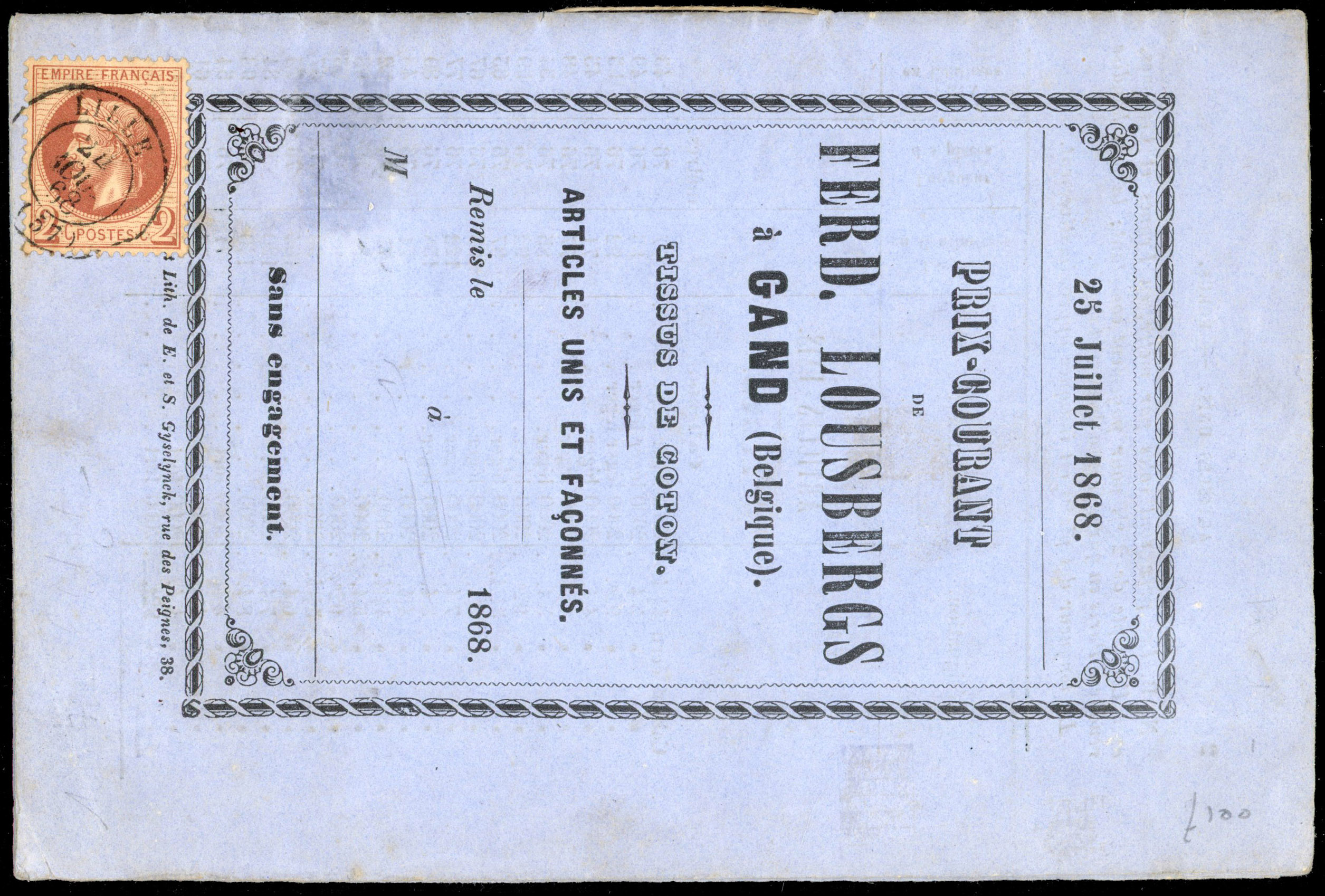 France 1868 printed cotton circular price list used