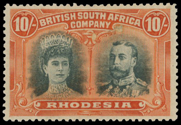 10/- deep green and orange SG 164, position 38 mint