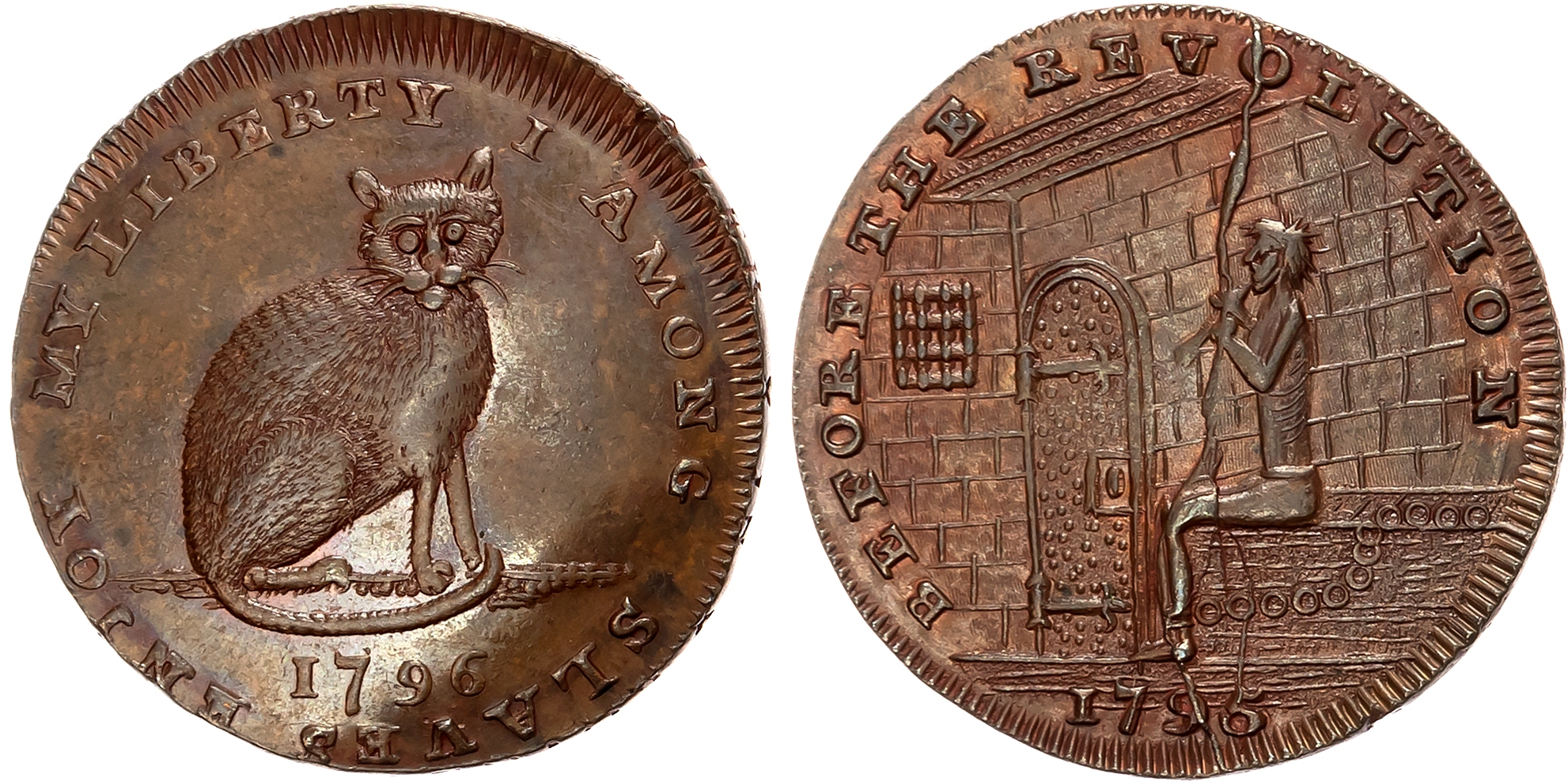London, Holborn, Thomas Spence bronzed Halfpenny 1795/6, A man shackled sitting in gaol, gnawing on a bone, rev. A cat s …