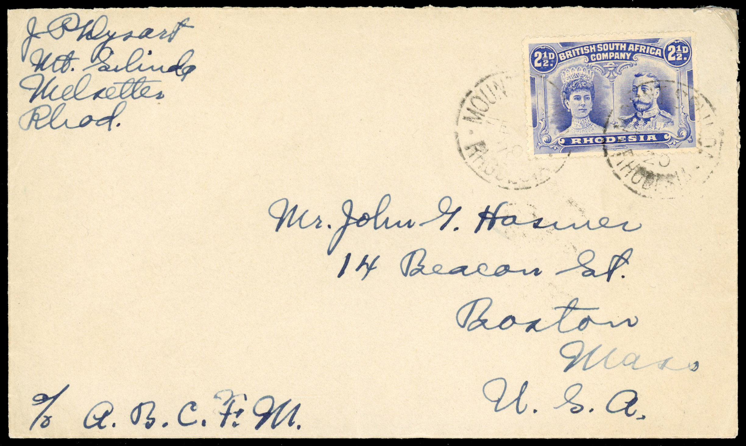Rhodesia 1920 cover from Mount Selinda to USA