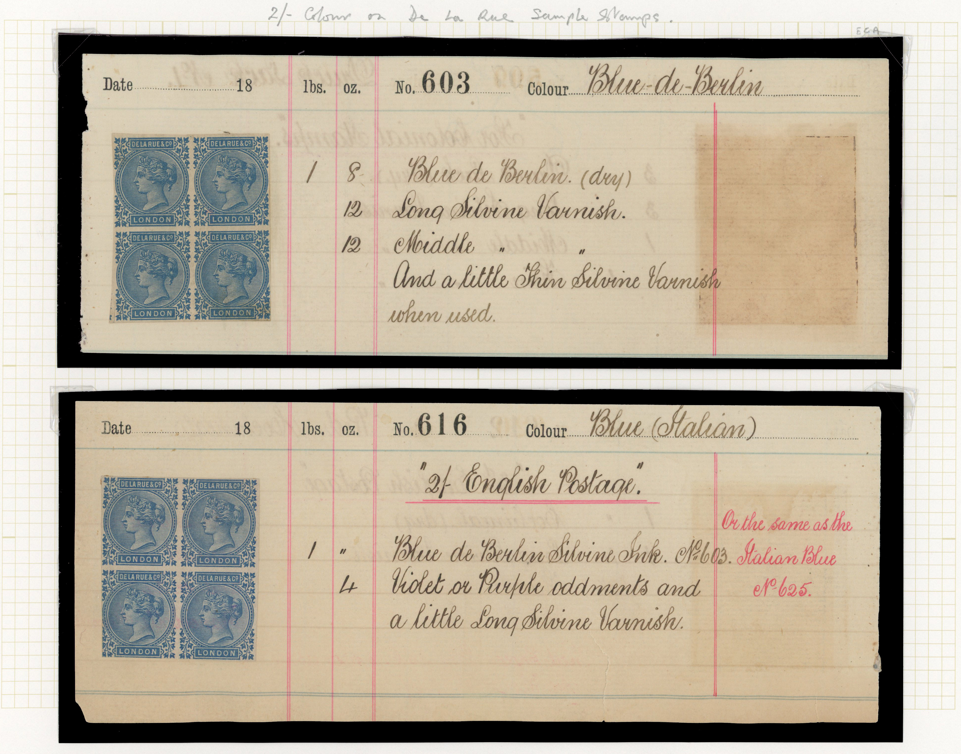c.1870-80 De La Rue Ink Recipes pages for 2s “English postage”,