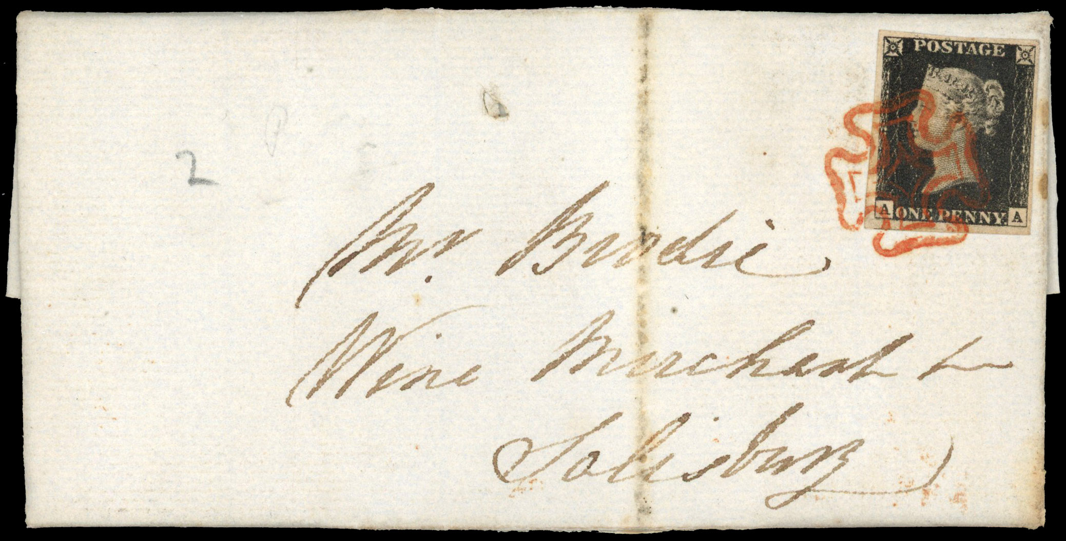Great Britain 1d black Plate 2 (AA) on cover to Salisbury