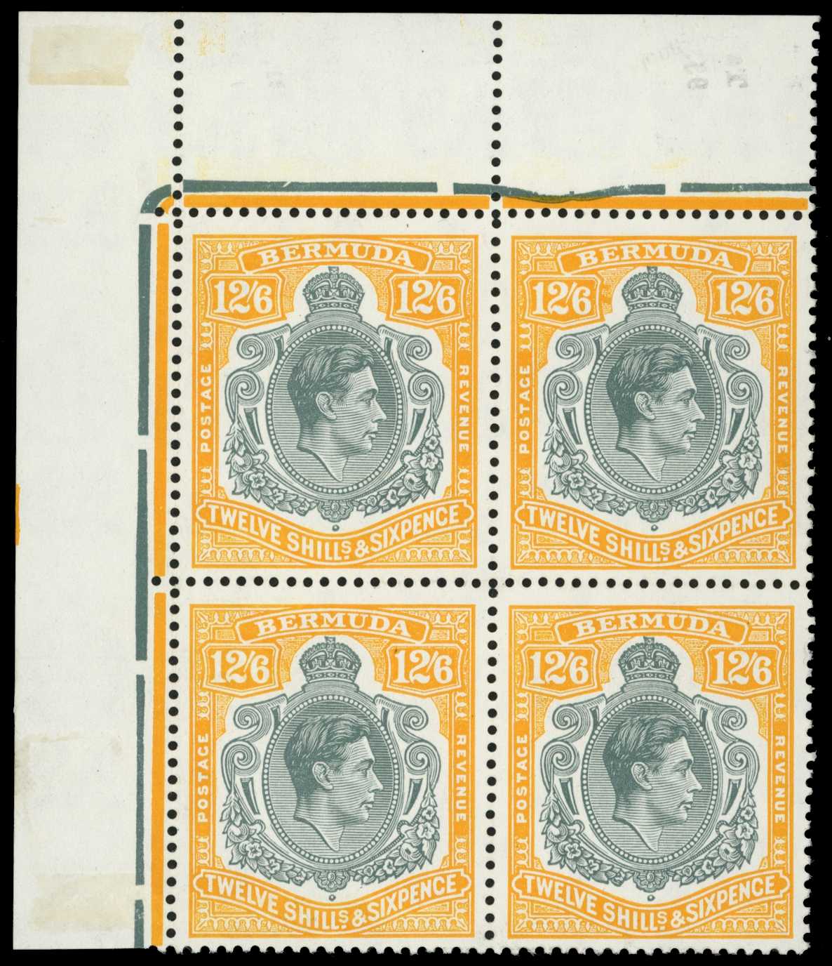 1950 12/6d perf 13 corner block of four, #s...