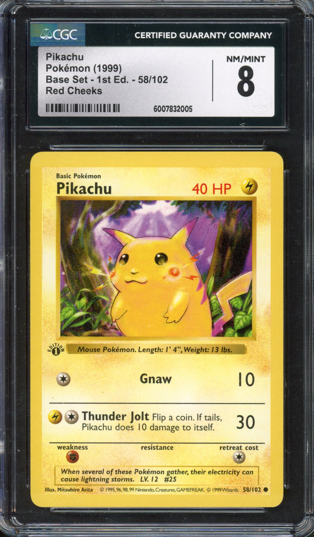 CGC 8 Red Cheeks Pikachu 1st Edition Base Set Shadowless - #58/102