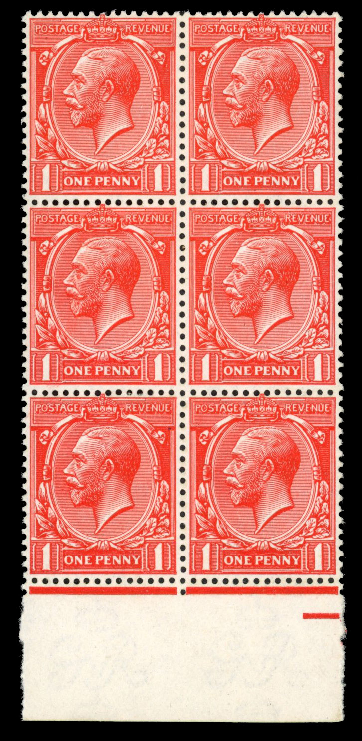 GB: 1912-24 1d scarlet vermilion, mint unmounted o.g. lower marginal block of six
