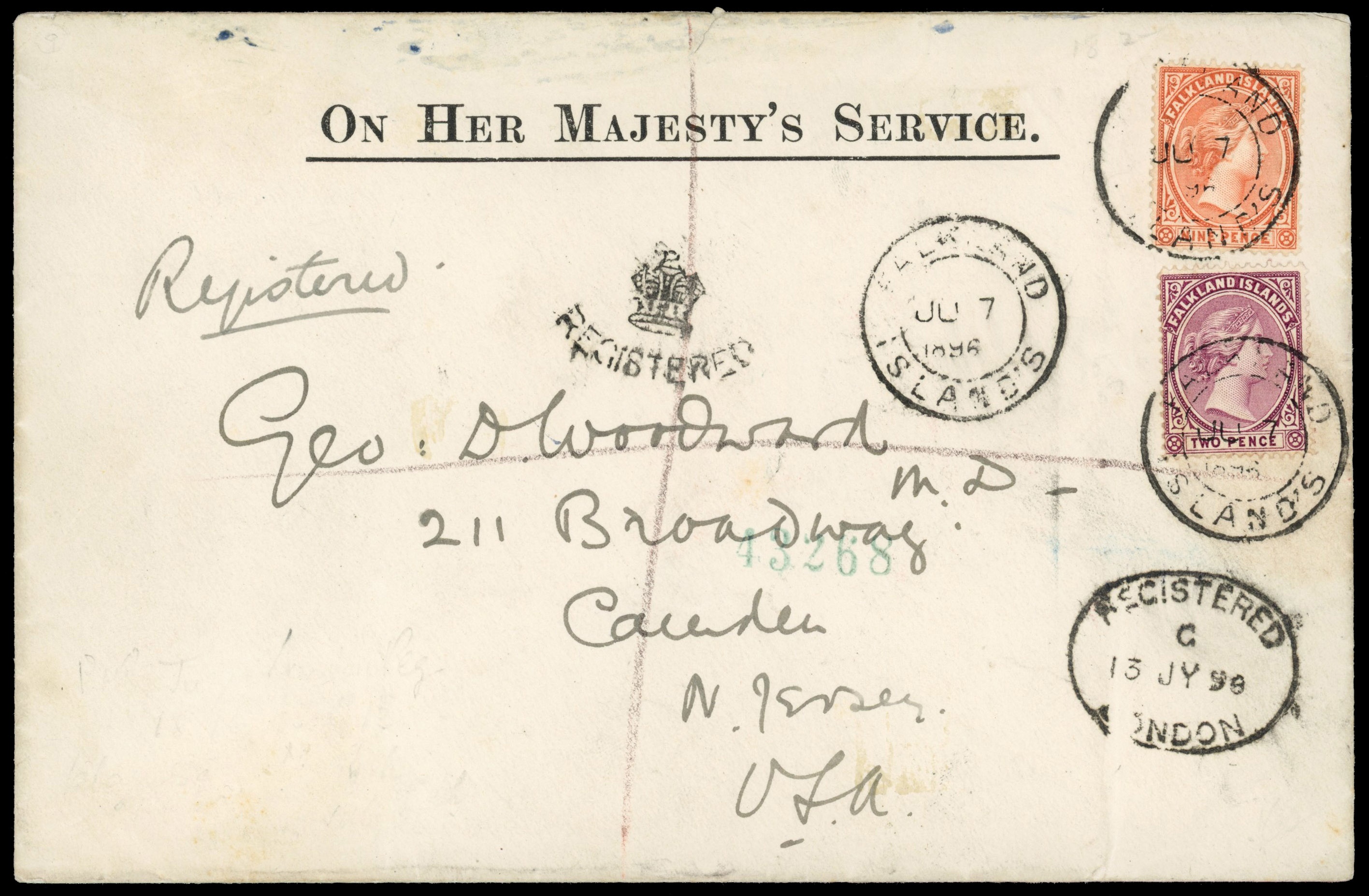 Falkland Islands SG 25, 35 1896 registered cover to USA