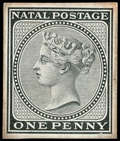 1874 1d cut-down Die Proof in black on glazed card, fine save for light peripheral ageing.  For SG...