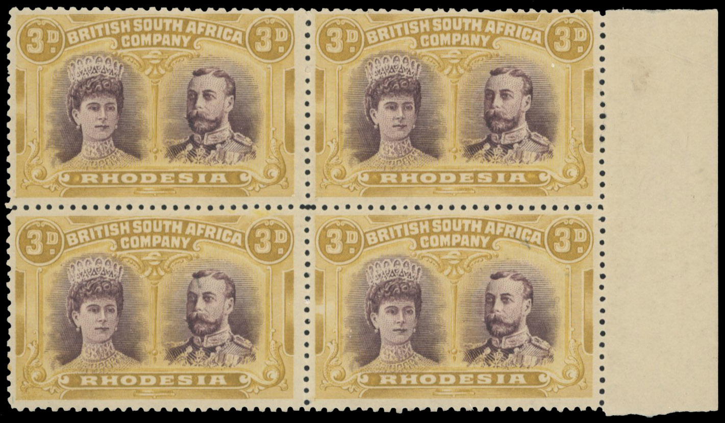 3d dull purple and ochre SG 134 block, positions 19-25, position 25 lines by King's cheek mint