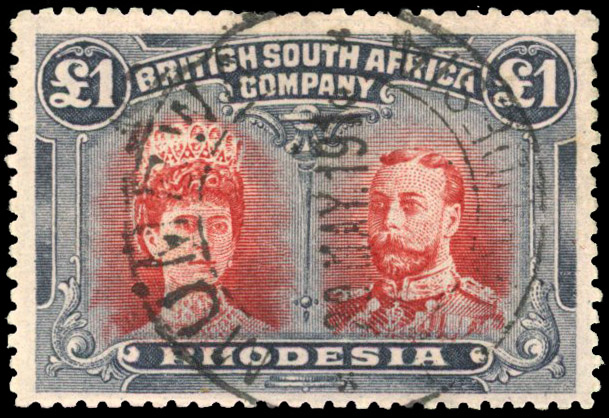Rhodesia 1910-13 £1 scarlet and (aniline indigo) blue-black perf 14 used
