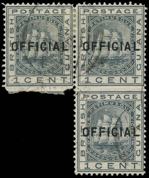 BRITISH GUIANA SG O6a 1877 1c slate "OFFICIAL", vert pair ERROR IMPERF BETWEEN (contained in block of three), used