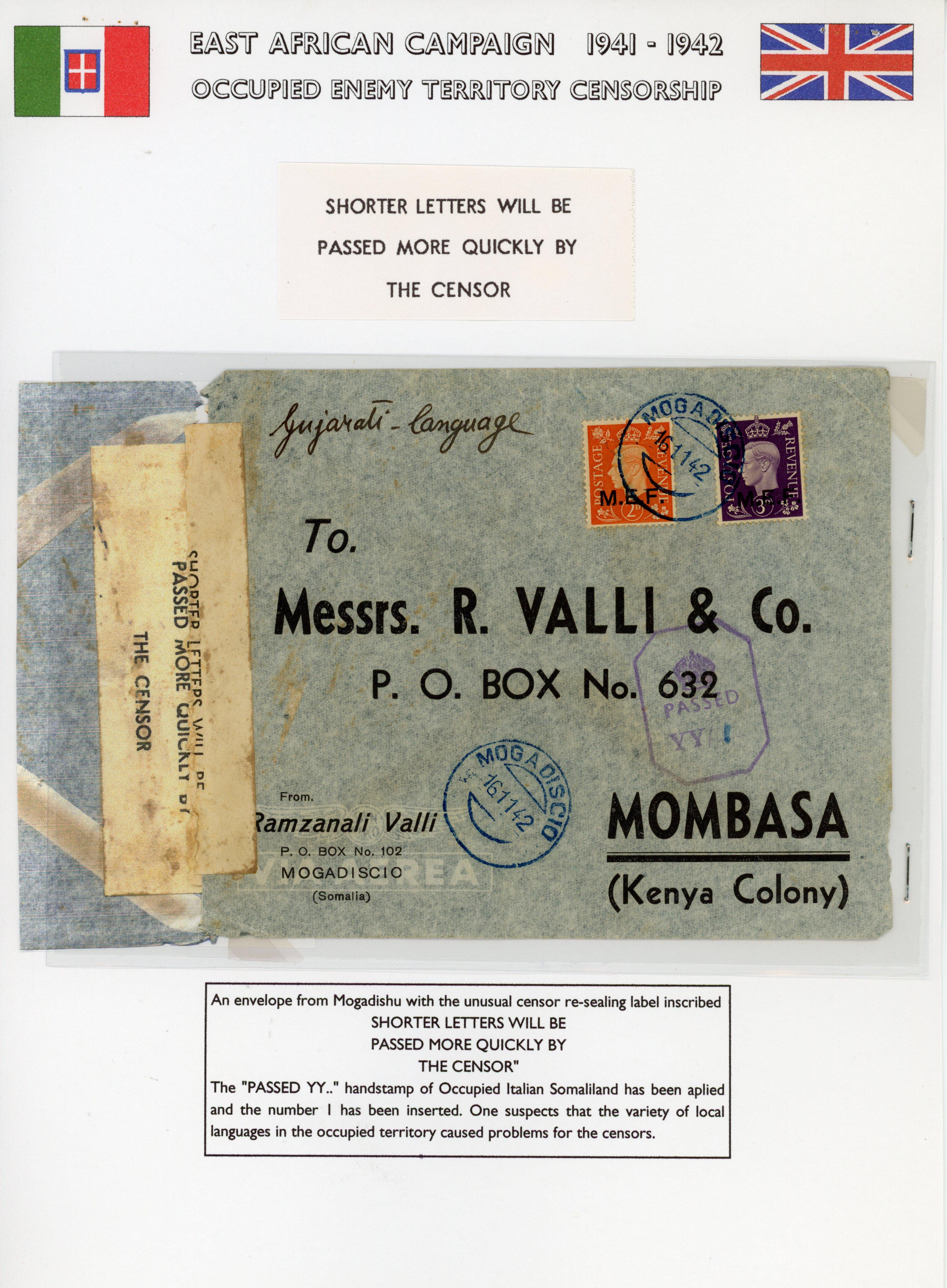 BOIC Somalia 1942 Censor cover