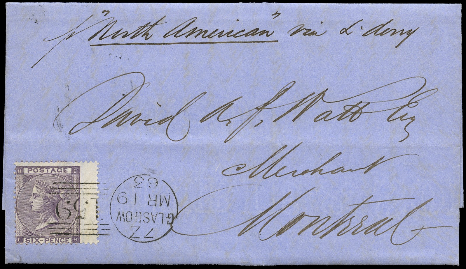 1859 Transatlantic mail (Allen Line). Very fine single...