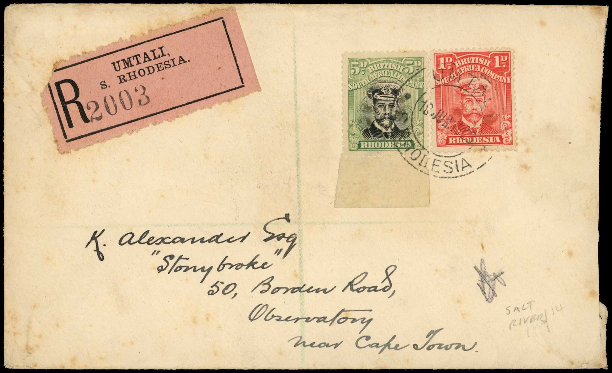 1922 registered envelope from Umtali...