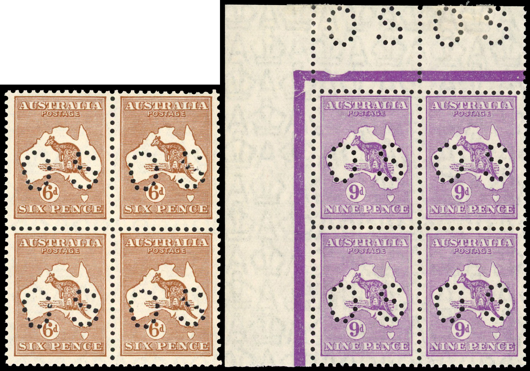 Australia 1929-30 Official Kangaroo 6d chestnut 9d violet, wmk 7, blocks of four S.G. O114, O115 