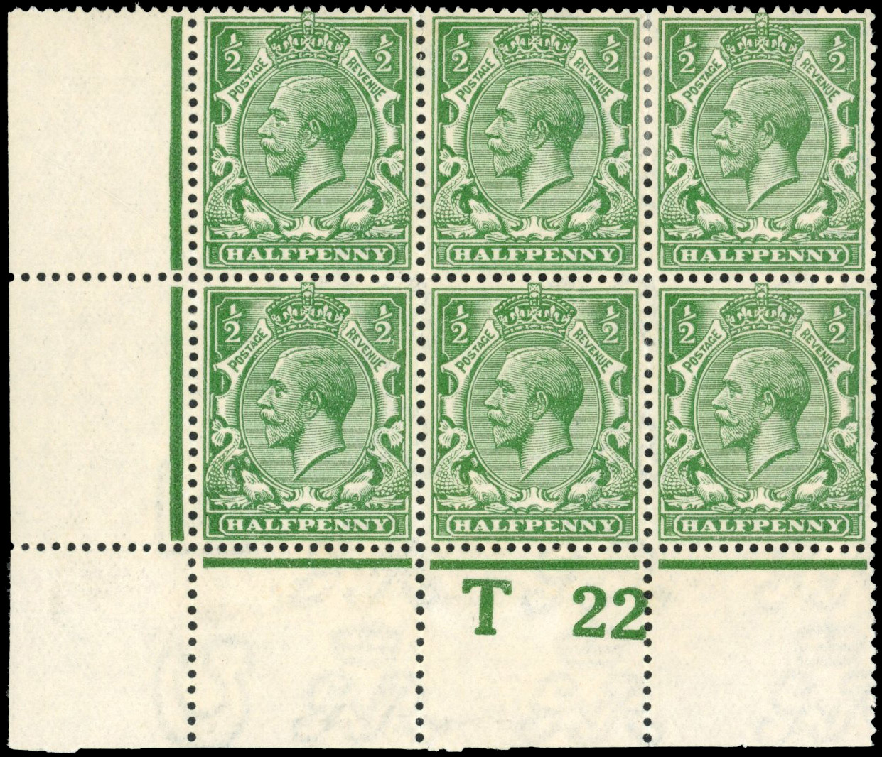 GB 1912-24 Royal Cypher ½d pale cobalt-green, mint control T22 block