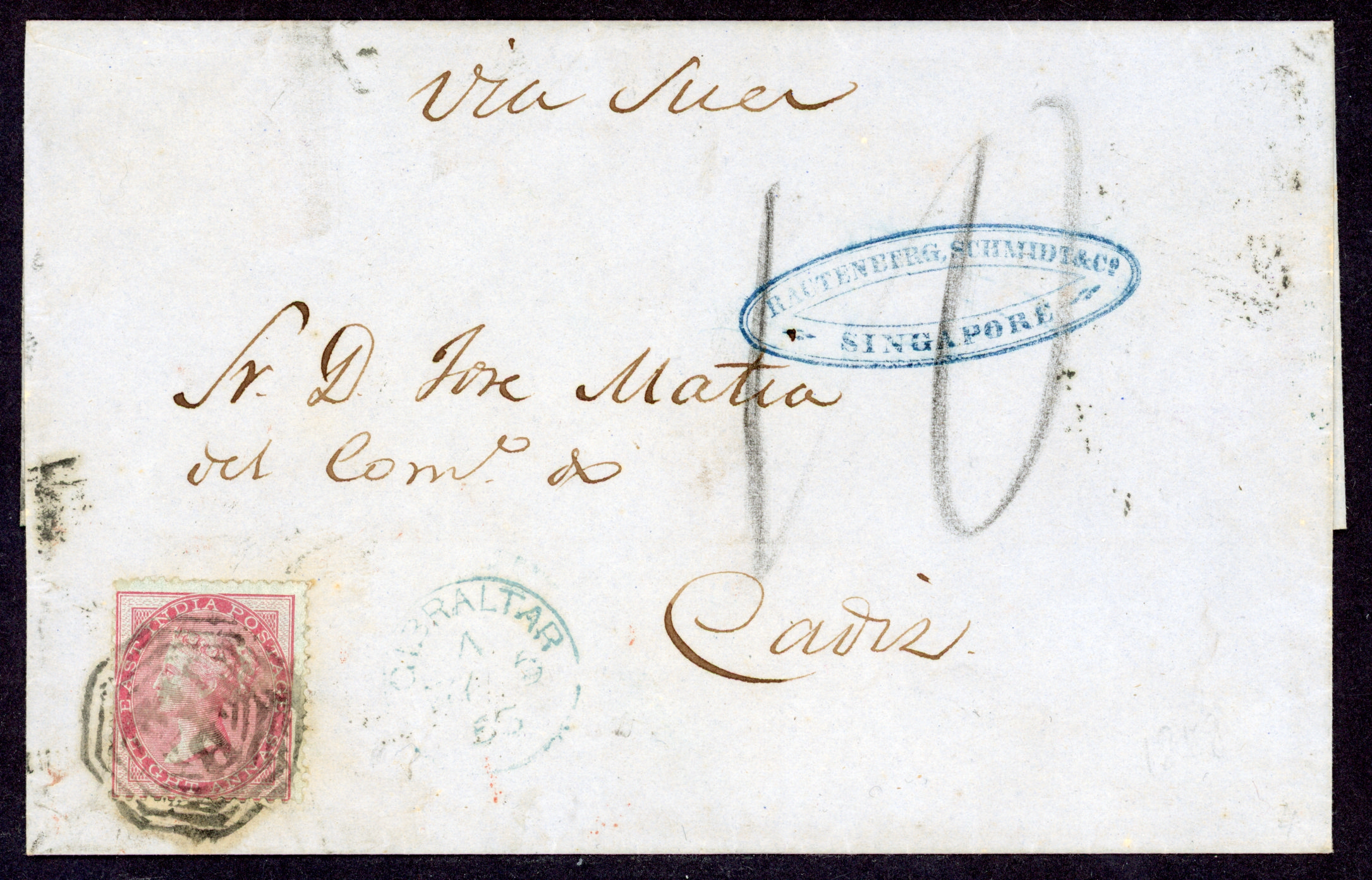 Straits Settlements SG Z69 1858 OLS from Singapore to Cadiz with India 1855 8a