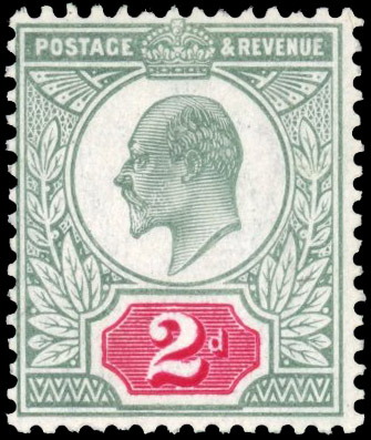 GB 1902-10 DLR 2d pale dull blue-green and intense carmine on chalk-surfaced paper, mint unmounted o.g.