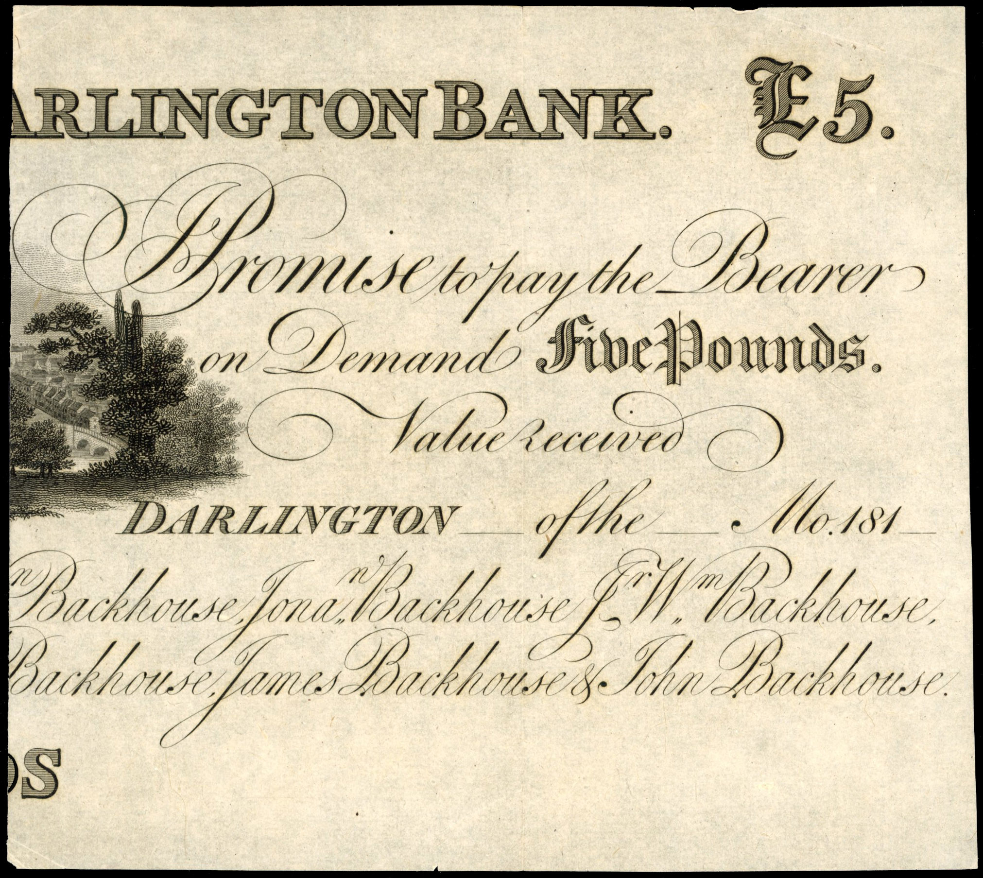 DARLINGTON, Darlington Bank for Jonathan Backhouse & Co., £5.,cut PROOF , no signature, no serial no. Standing…