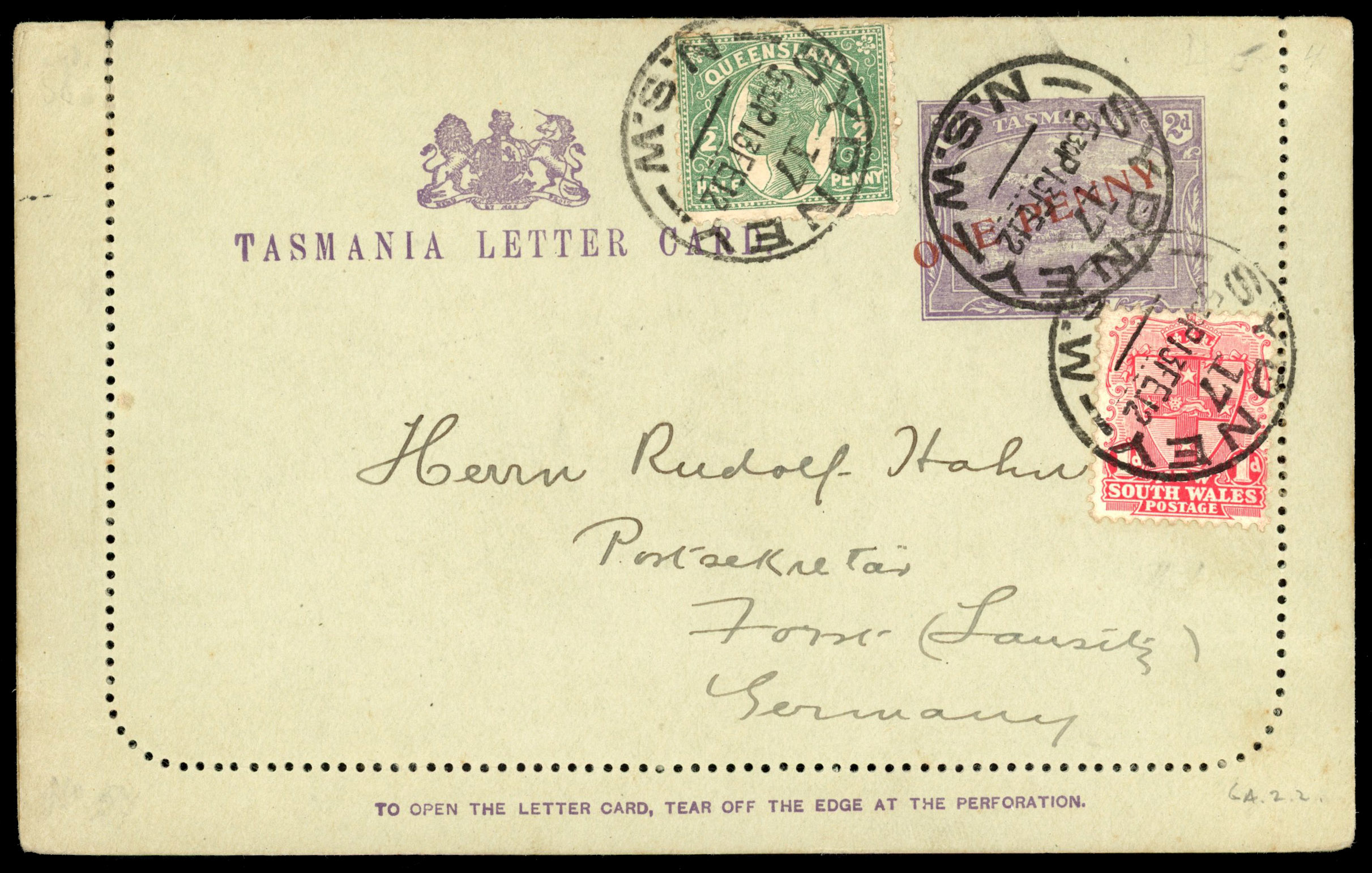 Tasmania Stationery lettercards 1911 1d on 2d 20° surcharge used to Germany