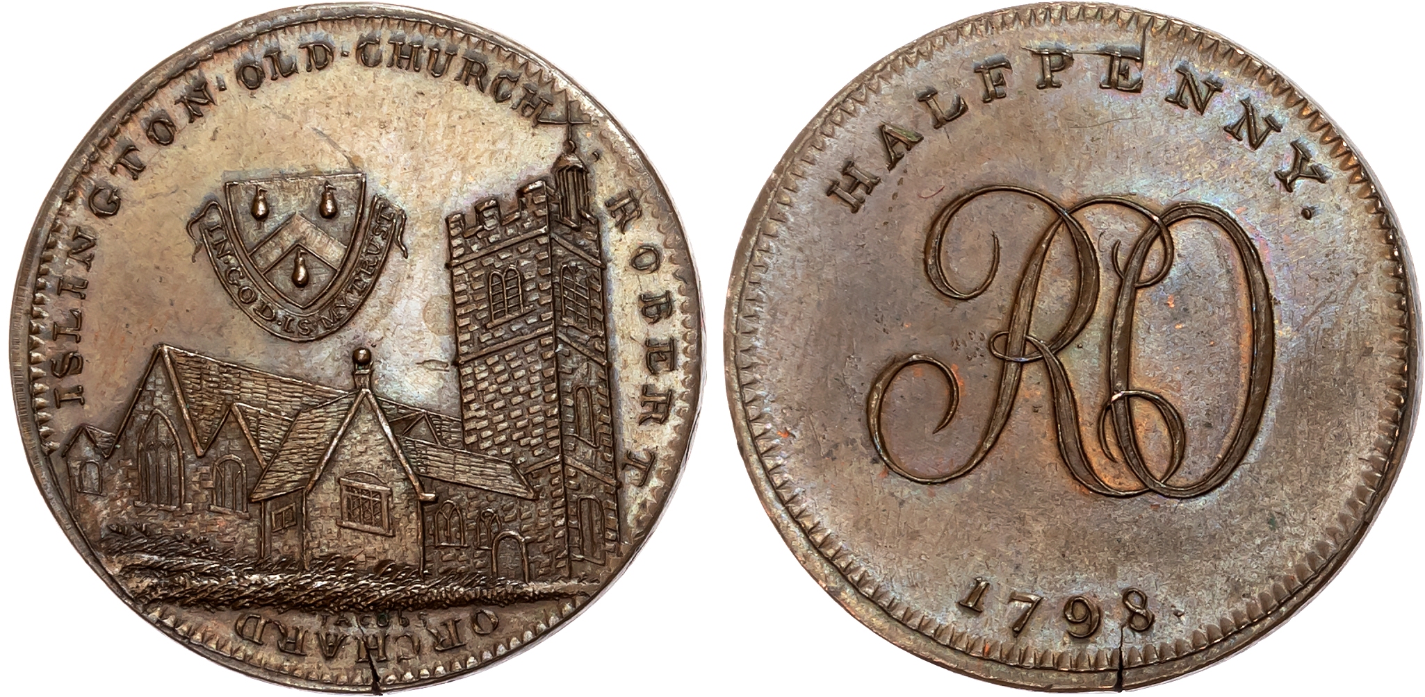 London, Soho , Robert Orchard Halfpenny 1798, Islington Church with Orchard arms above, rev . RO cypher, edge COVENTRY T …