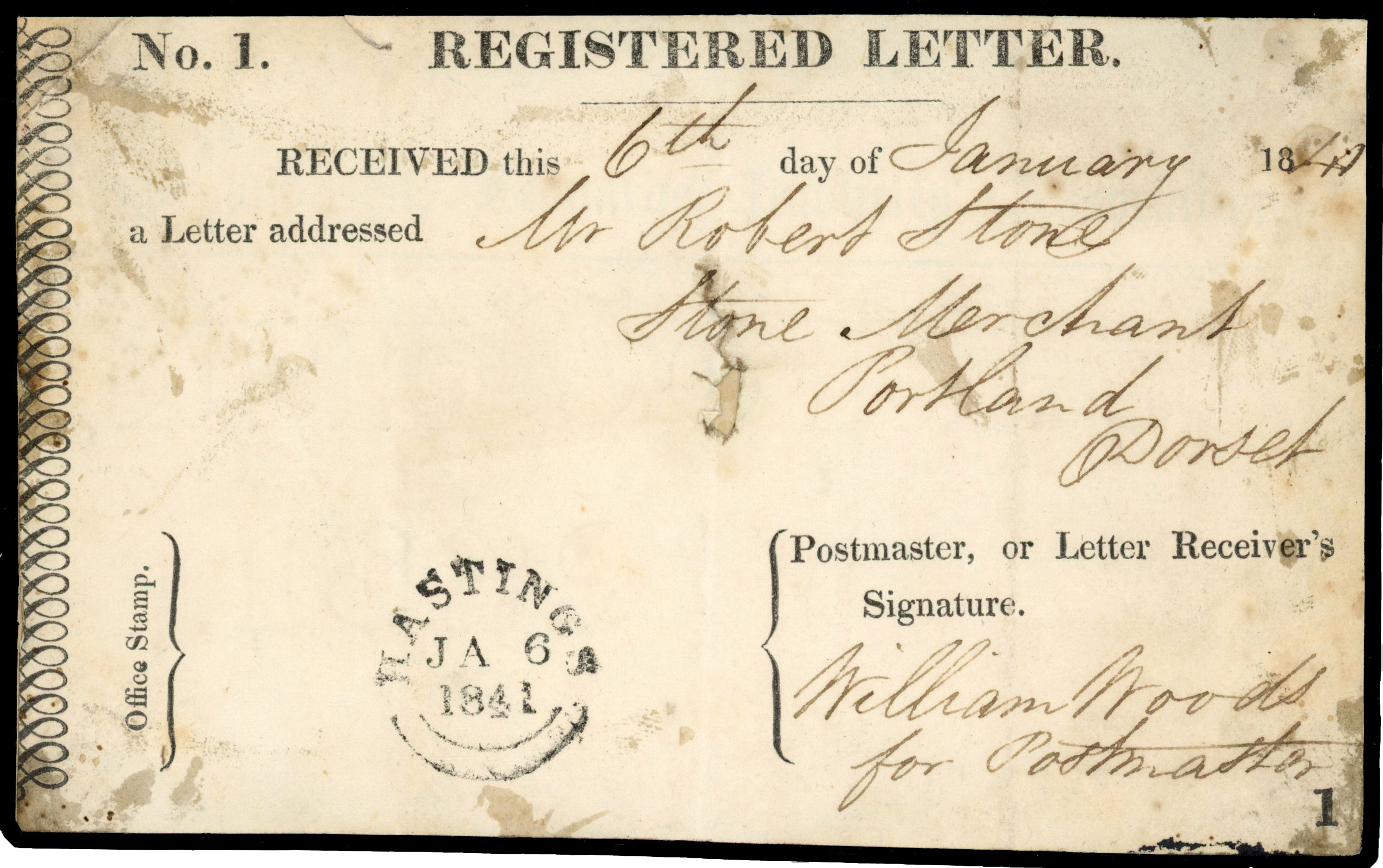 1841 Registration Letter receipt label. Fine receipt letter counter foil with serial number ‘1’ 
