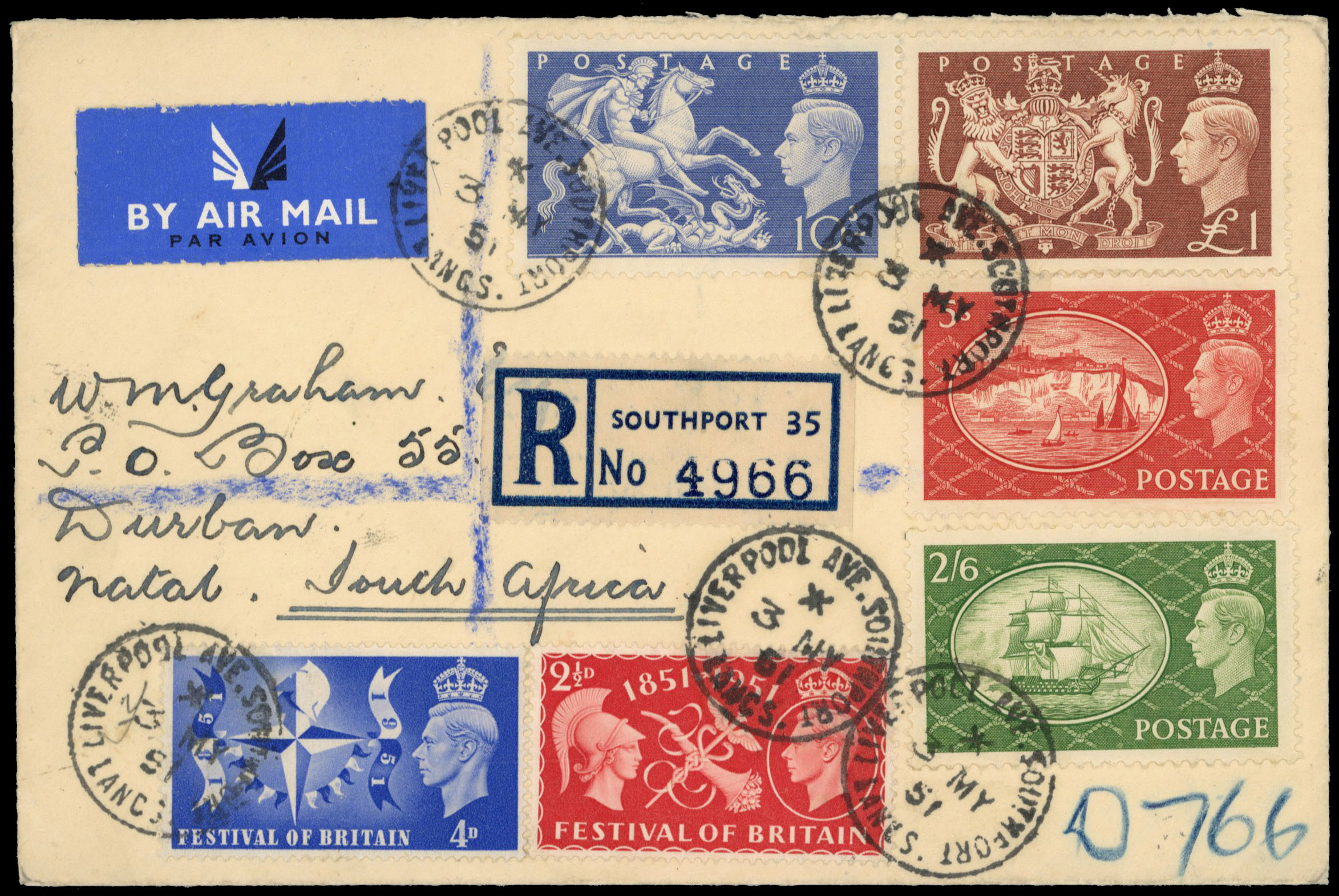 GB cover bearing 2s6d to £1 and Festival of Britain 2½d and 4d SG 509/514