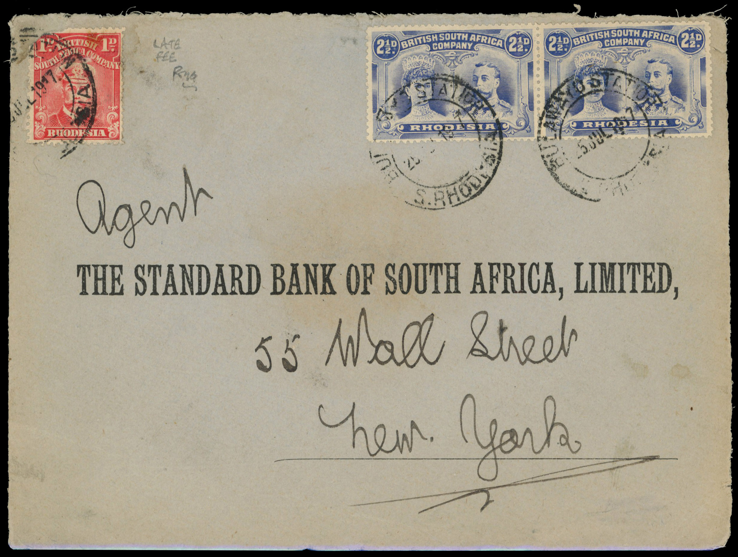 2½d pair plus 1d Admiral (late fee) on Bank cover to Wall Street