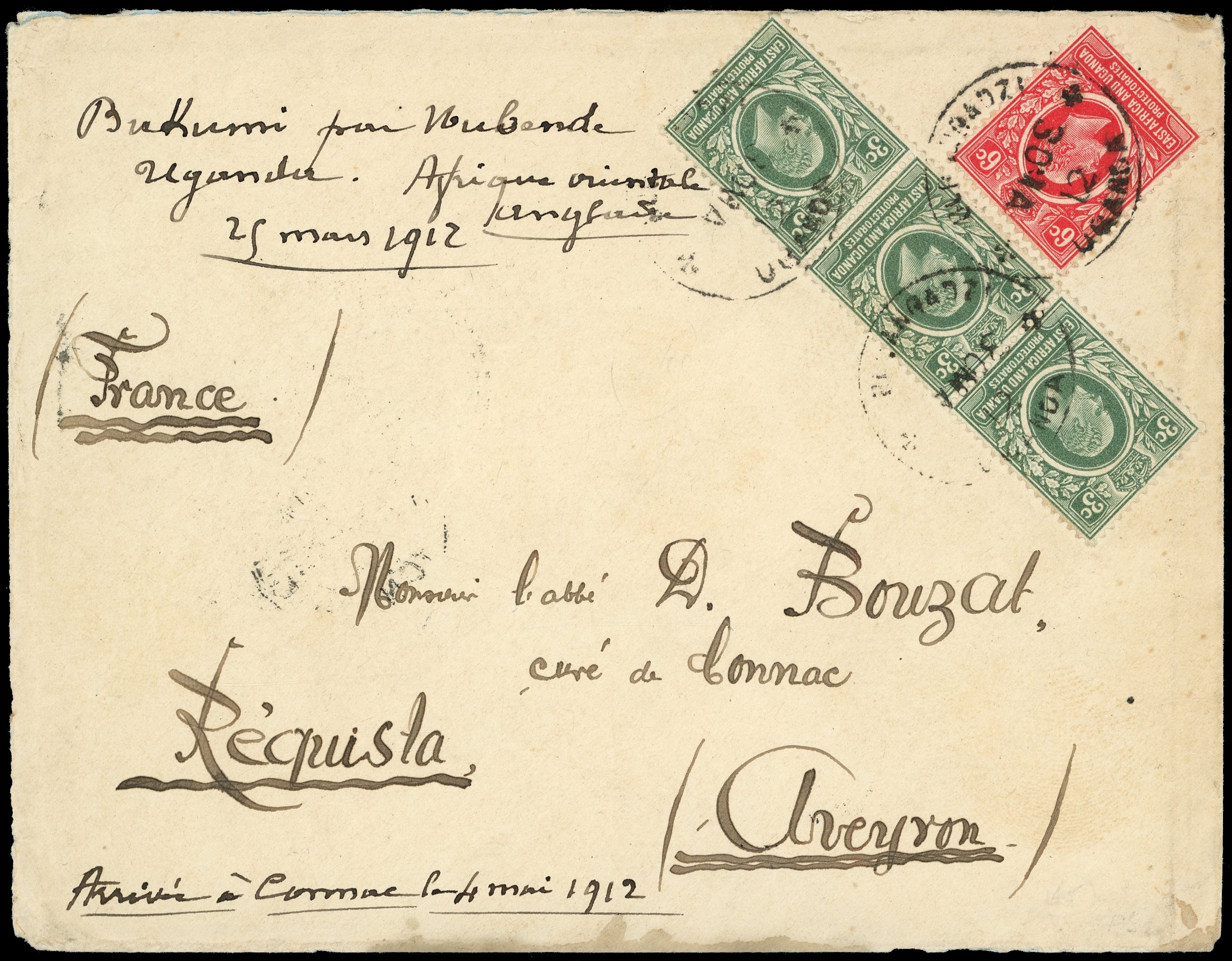 BRITISH EAST AFRICA: 1912 envelope to France from...